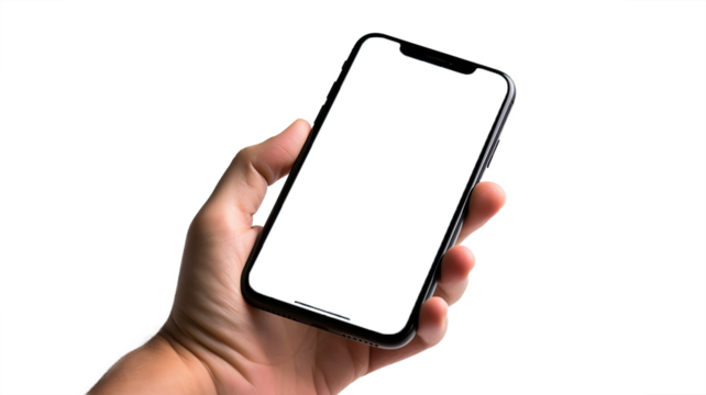 mockup Hand Holding mobile phone with white screen isolated on transparency background Template