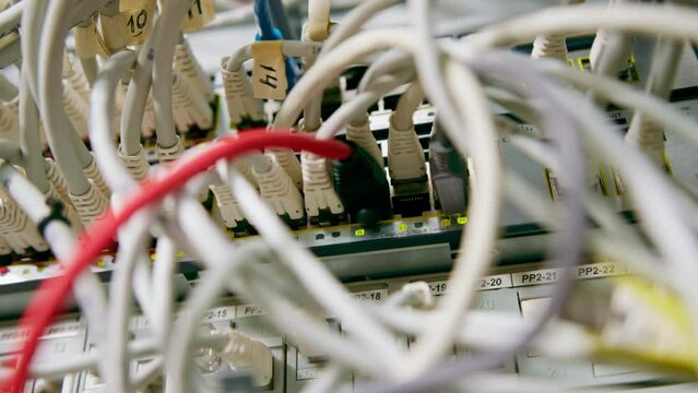 close-up of a pile of network patch cables sorted in a rack cabinet leading from a patch panel in a server rack in a data center room