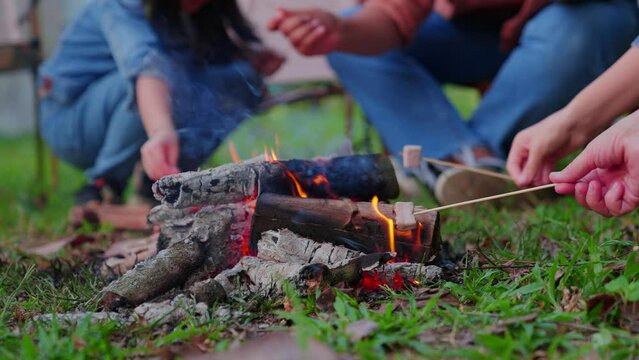 Close up of hands person roasting a marshmallow on a wooden stick over a fire pit while camping. tourist family having fun in the fire in nature camp.