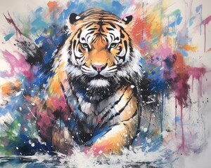 fluidity and unpredictability of watercolors by creating a dynamic and energetic tiger print. bold brushstrokes and splashes of color to depict the tiger movement and power
