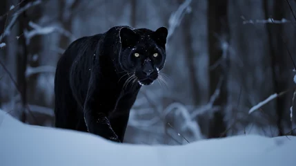 Fototapeten A majestic black panther wandering through a forest covered in snow Generative Ai © Eduardo