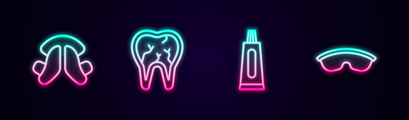 Set line Dental tooth plate, Broken, Tube of toothpaste and Safety goggle glasses. Glowing neon icon. Vector