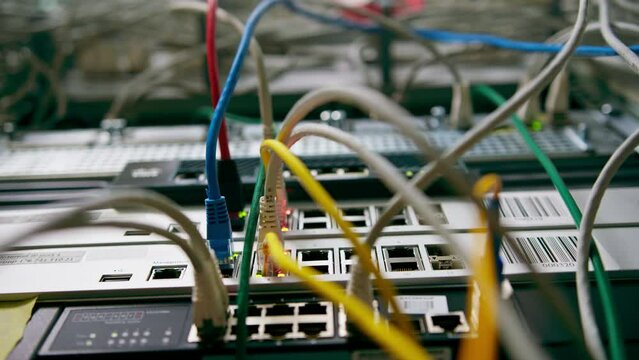 close-up of a pile of network patch cables sorted in a rack cabinet leading from a patch panel in a server rack in a data center room
