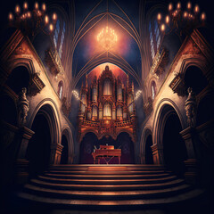 Obraz premium grand piano in a church with warm lights, fantasy cover illustration, fictional interior created with generative ai 