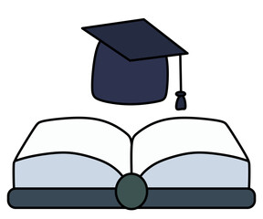 Illustration of an open book with graduation cap