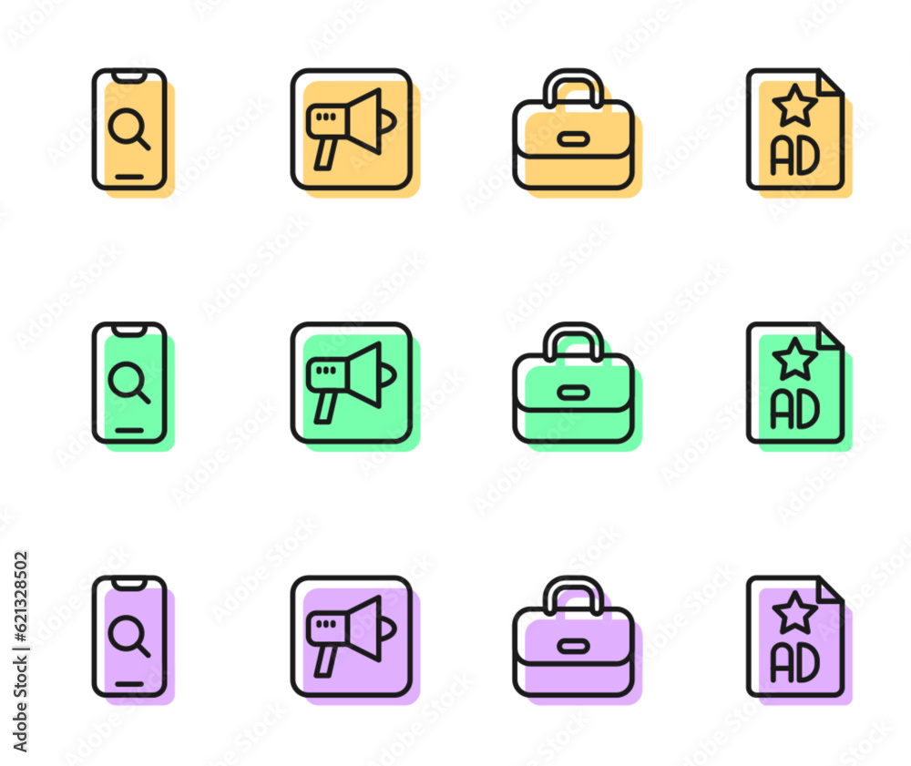 Poster Set line Briefcase, Magnifying glass and mobile, Megaphone and Advertising icon. Vector