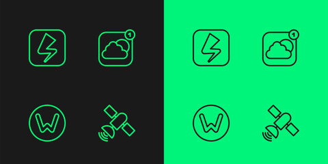 Set line Satellite, Compass north, Lightning bolt and Weather forecast app icon. Vector