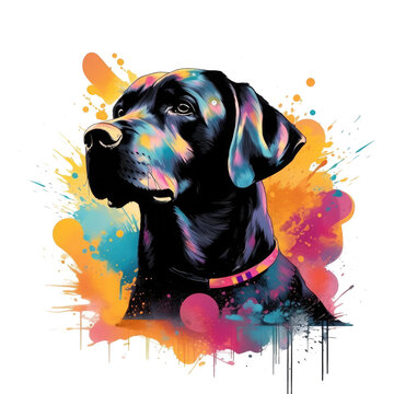 Watercolor Black Labrador t-shirt design, featuring a loyal black Labrador retriever sitting proudly in a sunlit meadow, its glossy coat shining under the warm rays, Generative Ai