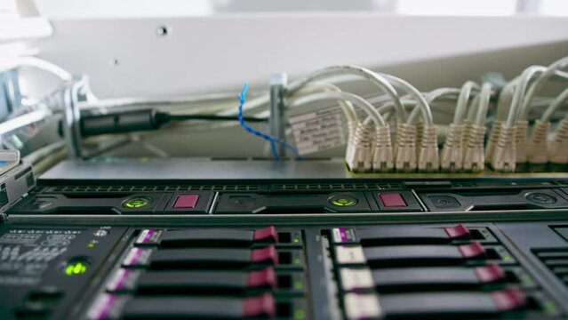 a bunch of patch network cables sorted in a rack cabinet leading from a patch panel in a server rack in a data center room internet cloud storage