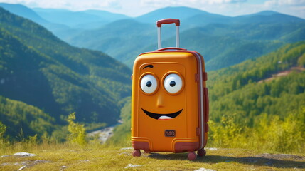 Funny suitcase-traveler  against a mountain scenery. Humanized cartoon luggage with eyes. Concept of travel. Generative AI