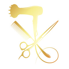 Hairdryer scissors and comb, golden symbol for hair stylist