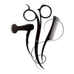 Hair stylist hair dryer comb scissors and beautiful curl of hair. Design for beauty and hair salon