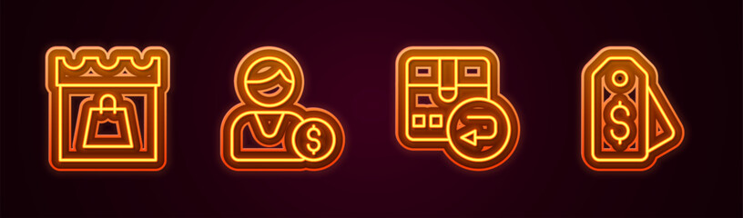 Set line Shopping day, Buyer, Return cardboard box and Price tag with dollar. Glowing neon icon. Vector