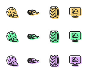 Set line Car tire wheel, Racing helmet, Wheel fire flame and icon. Vector