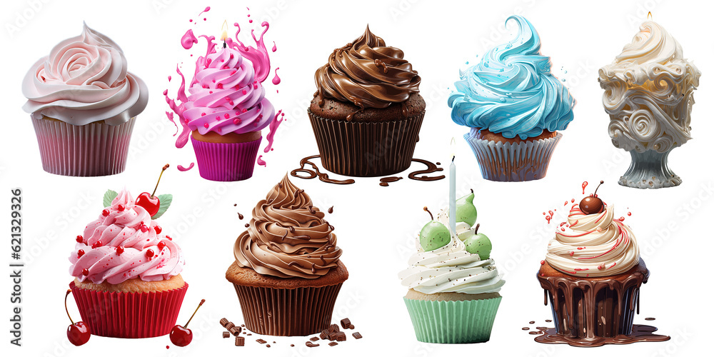 Poster a set of 3d objects cupcakes, fabulous cake isolated on a white background. vector illustration