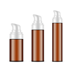 Set of Amber Airless Pump Bottles, Isolated on White Background. Vector Illustration