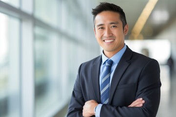 Corporate portrait Asian smiling confident Korean businessman posing in office company indoors with hands crossed successful top manager male employer guy in formal suit business man employee boss