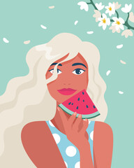 Summer time, vacation, sea. Portrait of a woman with a piece of watermelon and a flowering branch. Vector illustration in a minimalistic style for posters, covers, flyers, banners