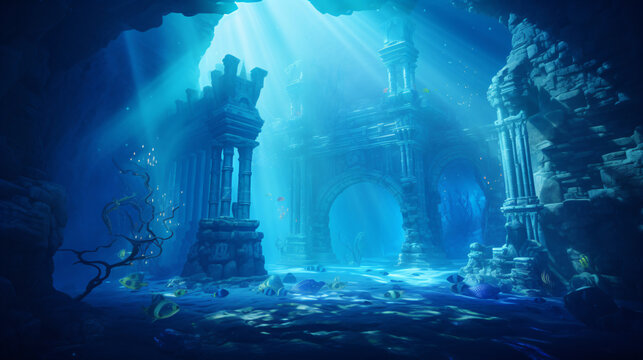 atlantis underwater scene, magic blue ocean with ancient temple ruins, deep blue sea with mysterious lights, generative ai