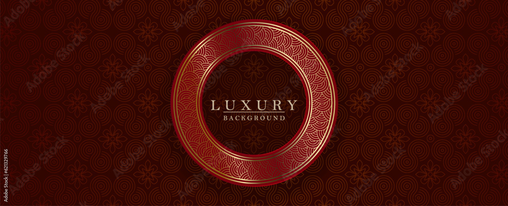 Sticker red dark illustration with isolated round frame with golden border