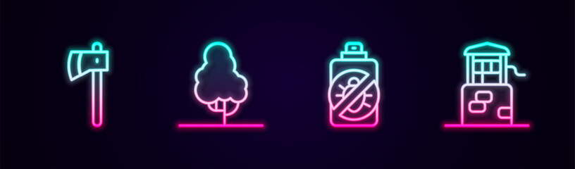 Set line Wooden axe, Fruit tree, Spray against insects and Well. Glowing neon icon. Vector