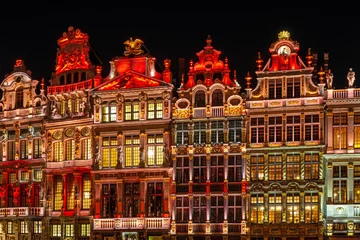 Schilderijen op glas Brussels Grand Place main square guild houses illuminated, Brussels, Belgium. © SL-Photography