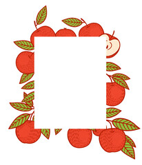 Festive card for invitations with rectangular blank frame surrounded by red ripe apples with green leaves