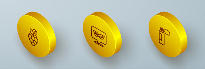 Set Isometric line Grape fruit, Carnival mask and Perfume icon. Vector