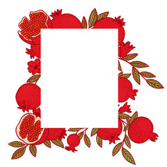Festive card for invitations with rectangular blank space surrounded by ripe fresh juicy pomegranates and green leaves on white background