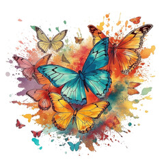 Obraz na płótnie Canvas Watercolor Butterflies T-shirt Design featuring a vibrant array of butterflies in different sizes and colors, gracefully fluttering across the design, Generative Ai