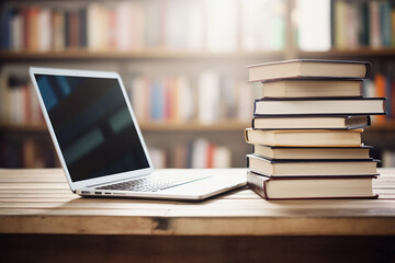 E-learning book and laptop on a table in a library. E-learning, education and learning concept