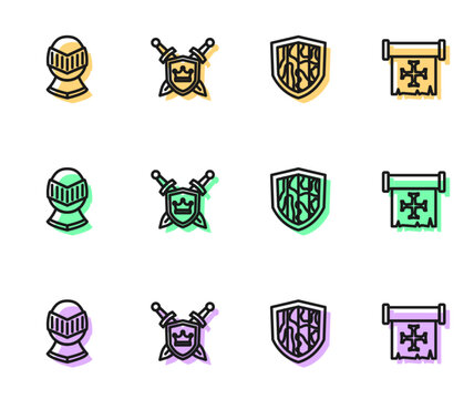 Set line Shield, Medieval helmet, with swords and Crusade icon. Vector