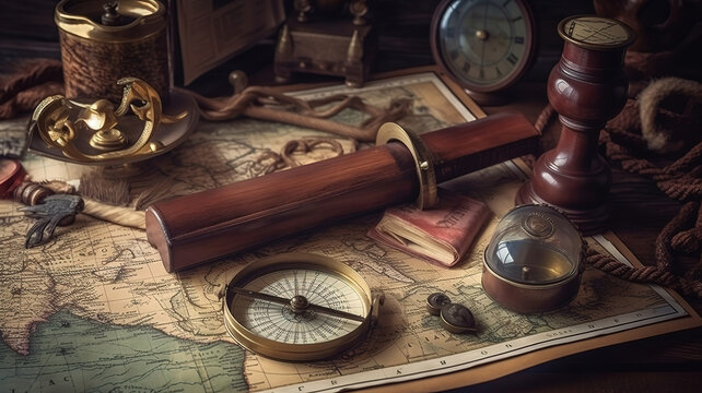 Old vintage maps and marine equipment like compass. Generative Ai