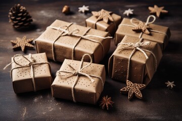 Christmas gift box wrapped in kraft paper. Sustainable Xmas celebration concept