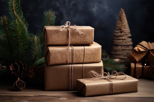 Christmas gift box wrapped in kraft paper. Sustainable Xmas celebration concept