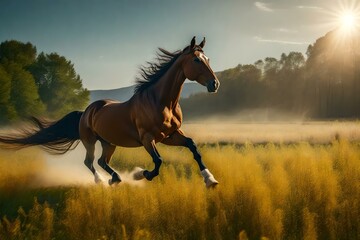 A majestic horse galloping freely through a sunlit meadow, its mane flowing in the wind.