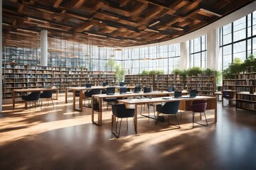 Fototapeta na wymiar A modern library with sleek bookcases, comfortable study desks, and large windows allowing natural light to illuminate the space, promoting a productive learning environment