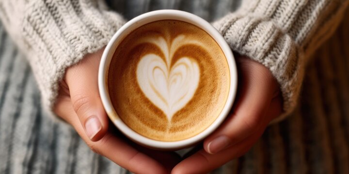 Female hands holding a cup of coffee with heart foam. Top view of a table in a cafe. Warm time in autumn. Hot coffee with a heart. (top view), generative ai