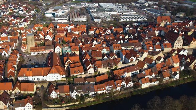 Aerial around the old town Besigheim in Germany on a sunny day in spring