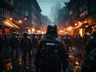 Riot scene in the city. Generative AI