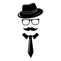 Silhouette of a man with a mustache hat and glasses in a tie, vector illustration