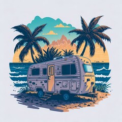 artwork of t-shirt graphic design, flat design of one retro car , Miami street