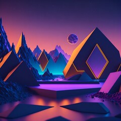 3d render, abstract neon background with glowing geometric shapes and seascape