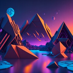 3d render, abstract neon background with glowing geometric shapes and seascape