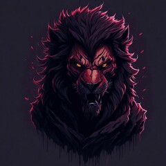 A detailed illustration face evil ninja lion ,magic, t-shirt design, red color