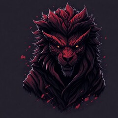 A detailed illustration face evil ninja lion ,magic, t-shirt design, red color
