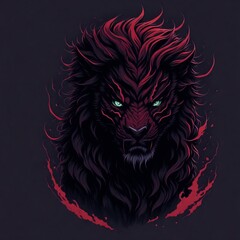 A detailed illustration face evil ninja lion ,magic, t-shirt design, red color