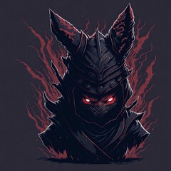 A detailed illustration face evil ninja rabbit ,magic, t-shirt design, red color
