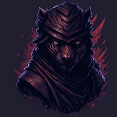 A detailed illustration face evil ninja tiger ,magic, t-shirt design, red color