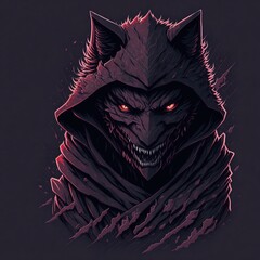 A detailed illustration face evil ninja wolf , magic, t-shirt design, red color